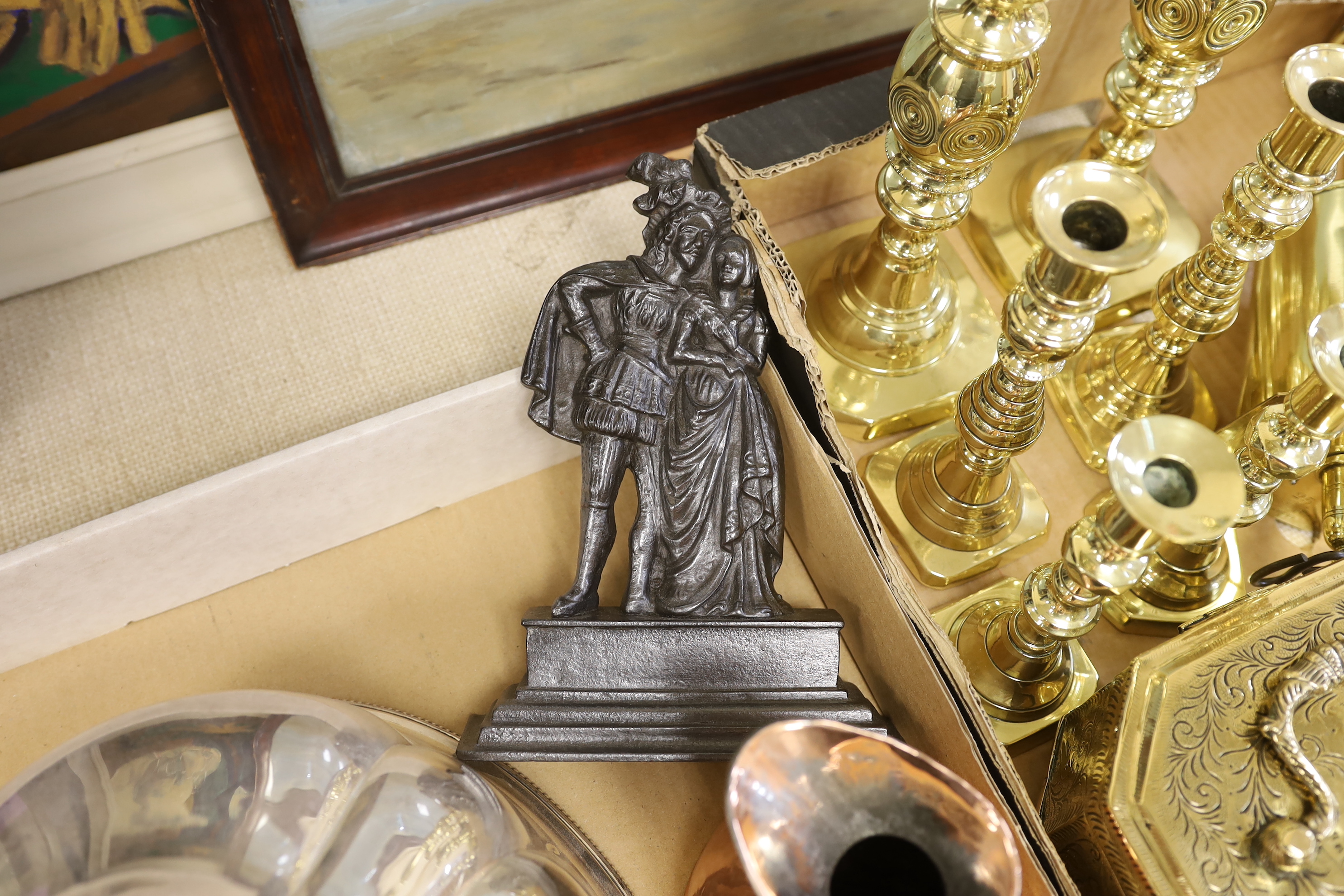 A Regency iron door stop, a brass Jack, a plated meat dome, a pair of copper jugs, etc.